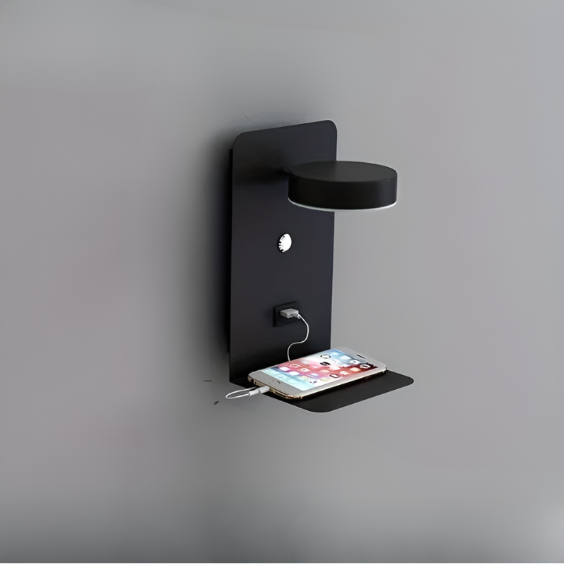 LumaShelf | Wandleuchte – Dimmbares Nachlicht mit USB-Ablage
