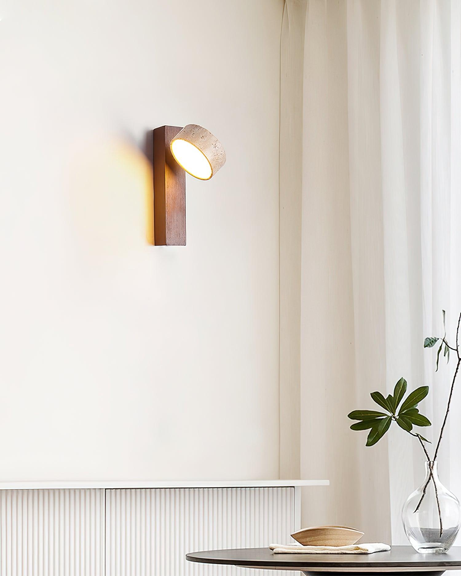 Elegante Wandlampe mit Gelbem Travertin-Schirm und Holzrahmen – Feuchtraumgeeignet, Warmweißes Licht, 3000K, 5W 4
