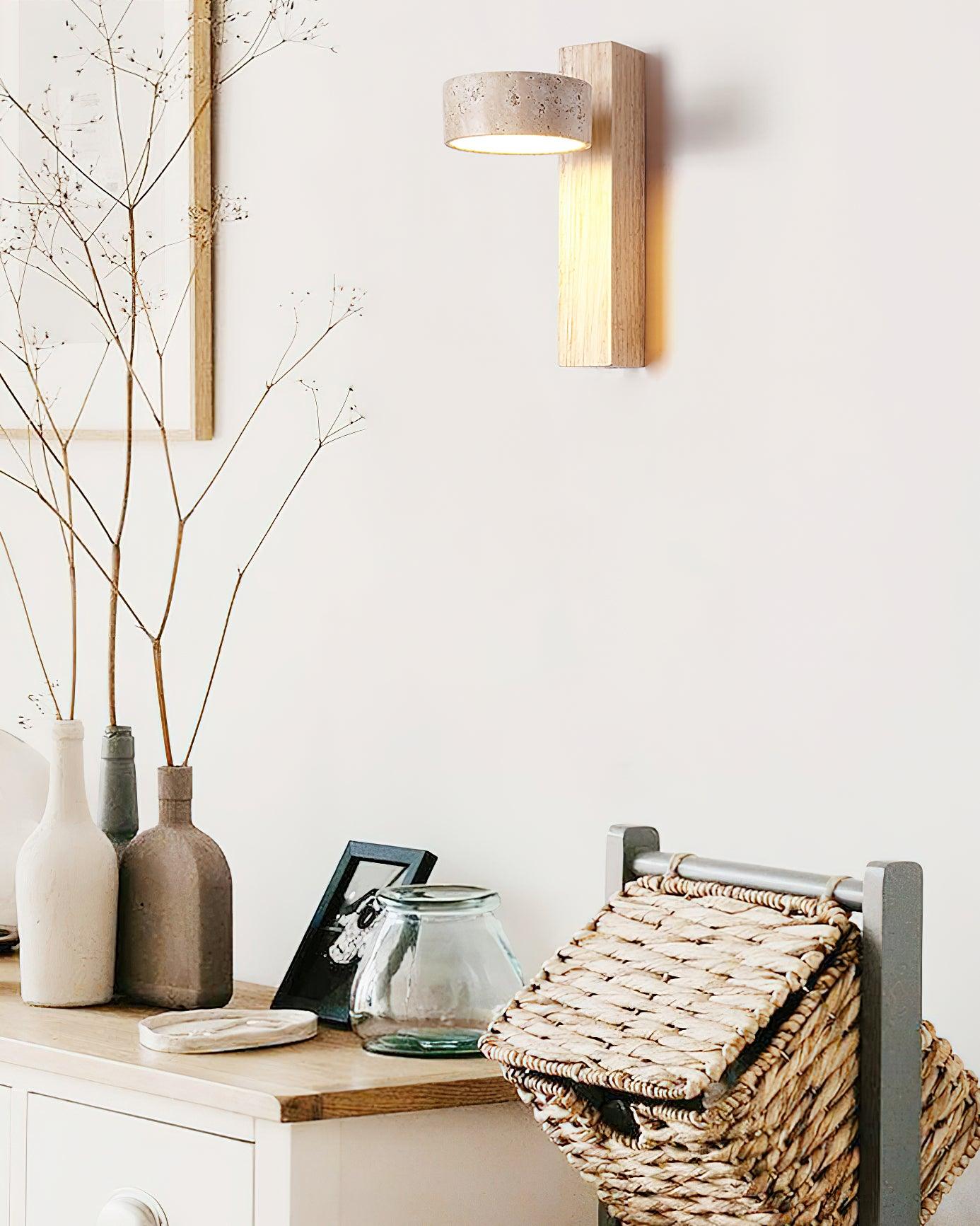 Elegante Wandlampe mit Gelbem Travertin-Schirm und Holzrahmen – Feuchtraumgeeignet, Warmweißes Licht, 3000K, 5W 8