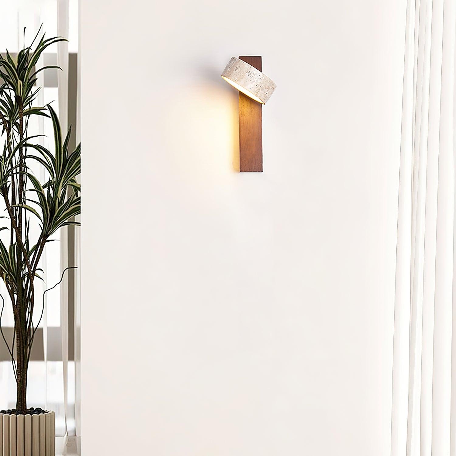 Elegante Wandlampe mit Gelbem Travertin-Schirm und Holzrahmen – Feuchtraumgeeignet, Warmweißes Licht, 3000K, 5W 7